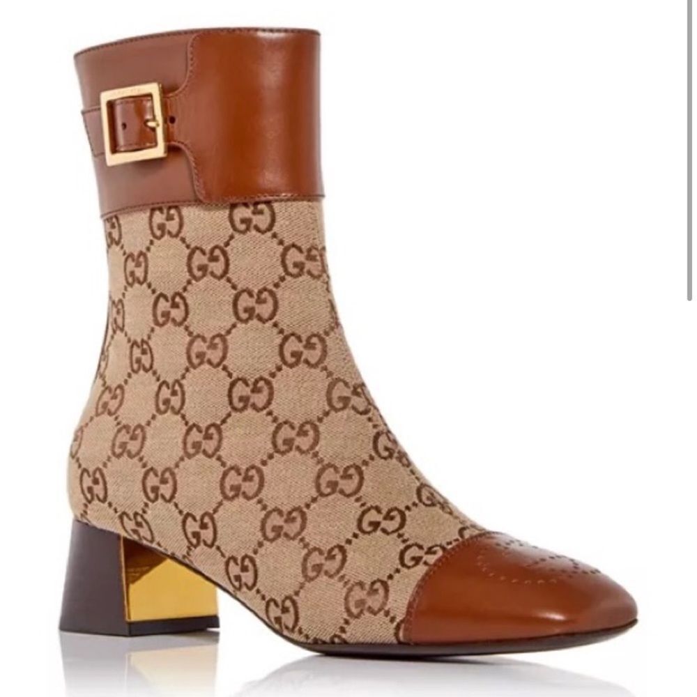 GUCCI Ellis GG Monogram Supreme Canvas & Leather Ankle Boots Brown